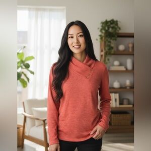 d&co - EC - Chic Coral Buttoned Cowl Neck Sweater
